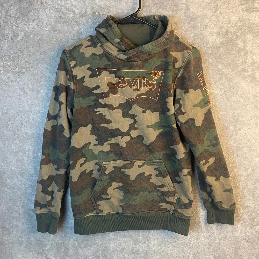 Levi's Boys Hoodie Large 12-13 Camo Pullover Sweatshirt Logo Green
